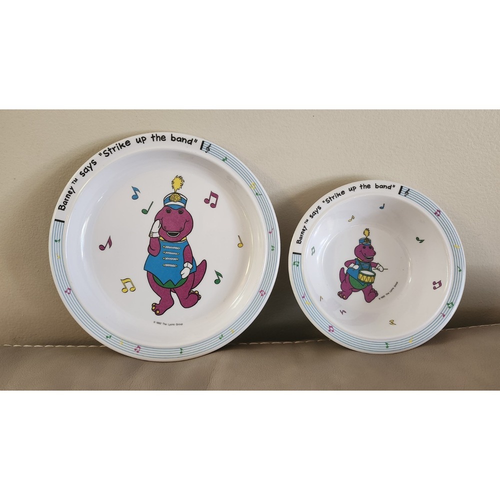 Vintage 1992 Barney Plate & Bowl Set Selandia Strike Up‎ The Band Excellent Con